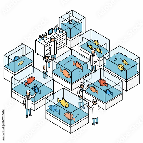 Isometric illustration of scientists conducting experiments with various fish in tanks.