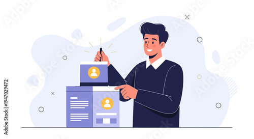 Man selecting profile cards for hiring, recruitment, and HR management concept