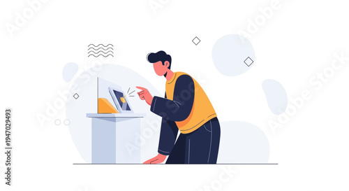 Man Interacting with Digital Display Screen at Information Kiosk