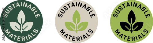 Sustainable Materials Eco Badge Collection with Green Leaf Symbol, Environmental Label and Organic Product Certification Vector Illustration Set