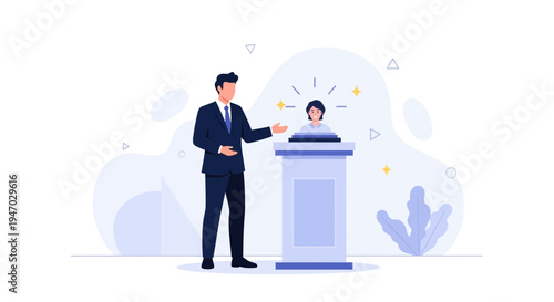 Man Presenting Woman at Podium with Glowing Aura and Stars