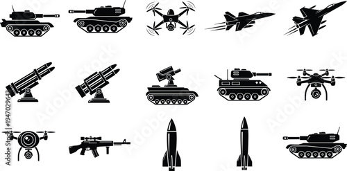 Military equipment silhouette illustration, tanks drones fighter jets missiles firearms, modern warfare technology artwork, black and white vector, defense weapon system drawing