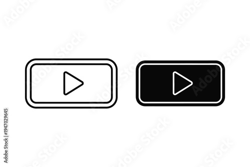 Play button icon in rectangle, outline and solid fill for video and media