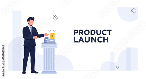 Businessman presenting new product launch on pedestal with spotlight