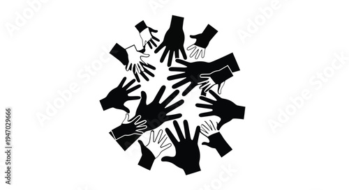 Multiple hands reaching towards each other in a circular arrangement silhouette