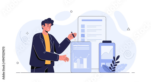 Man presenting business analytics and financial reports with charts and graphs