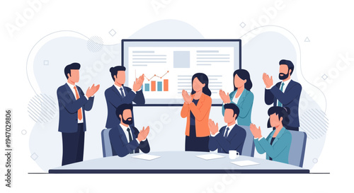 Business team applauding in a meeting, celebrating success with a presentation.