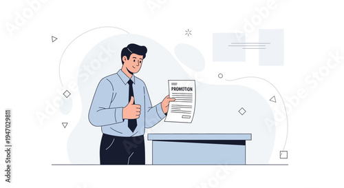 Man holding promotion letter, thumbs up, business success, career growth concept