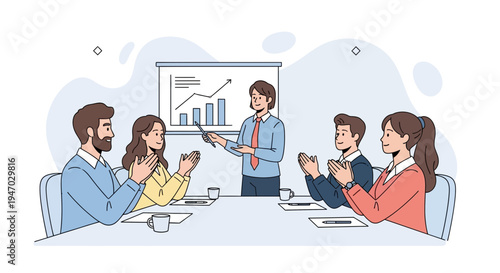 Business meeting success, team applauds presenter at boardroom table with charts