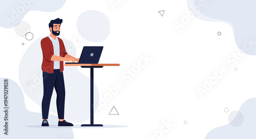Man working on laptop at standing desk, modern office, healthy lifestyle, remote work
