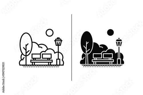 Park Bench Scene Icon - Outdoor Relaxation and Nature Symbol