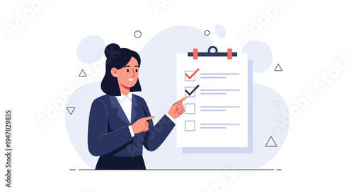 Businesswoman checking tasks on a clipboard, task completion, planning, and organization concept