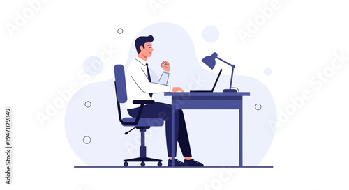 Man working at desk with laptop and lamp, modern office illustration