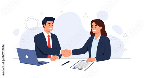 Business partners shaking hands over contract, laptop on table, successful deal illustration