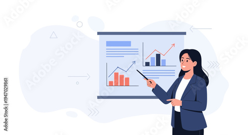 Businesswoman presenting financial growth chart on whiteboard in office meeting