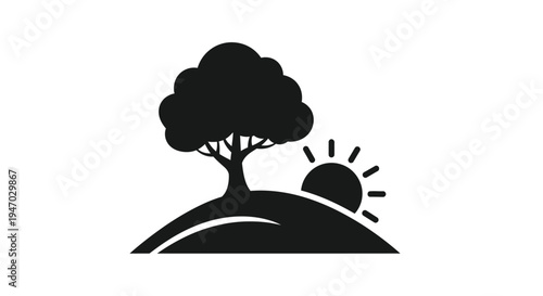 Black silhouette of a tree and hill against a rising sun silhouette