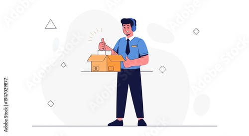 Delivery man with headphones giving thumbs up with open package and glowing light