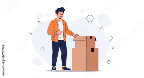 Man giving thumbs up near cardboard boxes, moving or delivery concept illustration