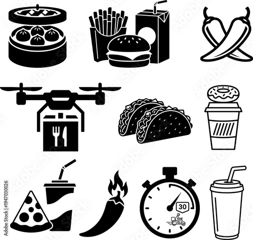 online  Fast food and drink icons set with coffee cup pizza cake and kitchen cooking symbols vector illustration