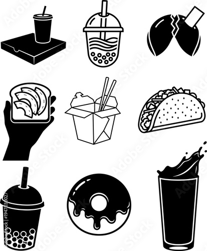 online Fast food and drink icons set with coffee cup glass cake and restaurant menu symbols vector illustration