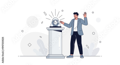 Man activating a glowing alarm on a pedestal, symbolizing alert or warning