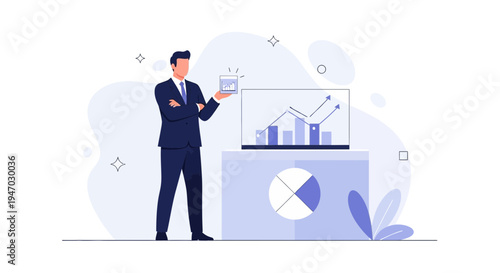 Businessman presenting financial growth charts and pie chart on a modern display