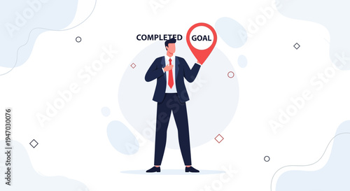 Businessman holding completed goal pin, achieving success in business