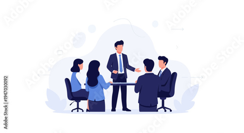 Business meeting: team discussing strategy around a table, leader presenting ideas