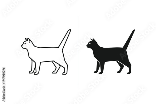 Stylized cat silhouette and outline icons, simple and modern animal design
