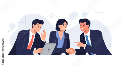 Business meeting with handshake, laptop, and discussion among colleagues