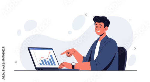 Man pointing at laptop screen with growing financial graph, business analysis concept