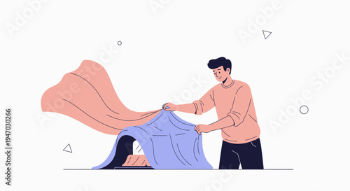 Man Folding Laundry - Flat Design Illustration