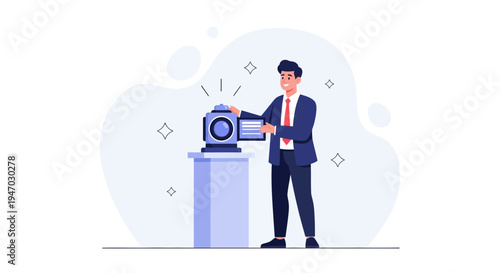 Man presenting new technology on a pedestal with tablet