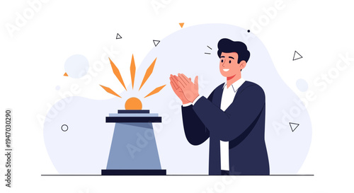 Man applauding success, launching a new idea with bright light and abstract shapes