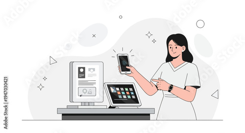 Woman Interacting with Digital Displays and Smartphone for Mobile Payment