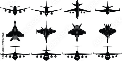 Aircraft silhouettes in front view, commercial airliners, fighter jets, and cargo planes, aviation vector illustration for transport, military, engineering, and aeronautical design concepts