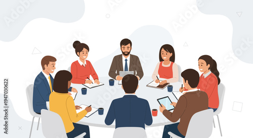 Diverse business team meeting around a round table, discussing ideas and collaborating.