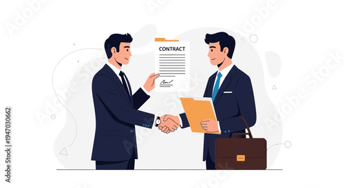Businessmen shaking hands over a contract, sealing a deal with a handshake and briefcase.