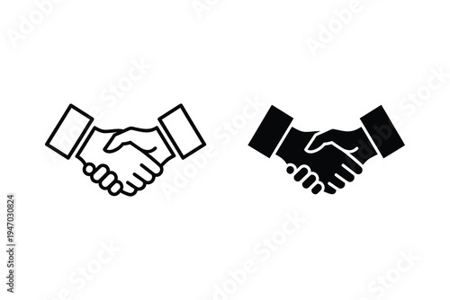 Business Handshake Icon Set: Outline and Solid Black Agreement Symbol