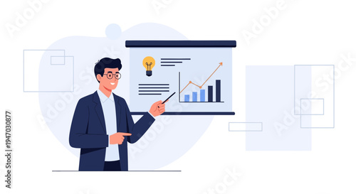 Businessman Presenting Financial Growth Chart with Lightbulb Idea on Whiteboard