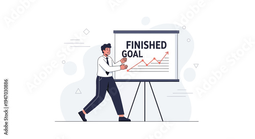 Businessman presenting a finished goal with a rising graph on a whiteboard