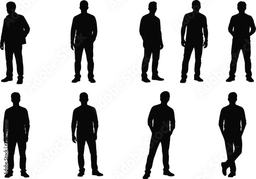 Set of nine standing men black silhouettes in various casual poses isolated on white background for architectural visualization and graphic design