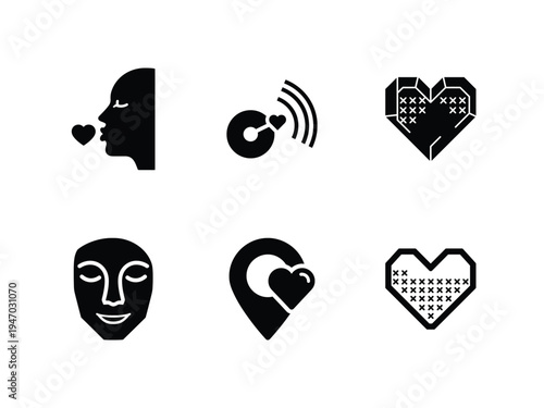 Black icons of hearts and faces on a for valentines day or love themes transparent background, vector of love icon set