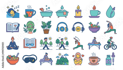 Colorful icons of people enjoying hobbies and leisure activities.
