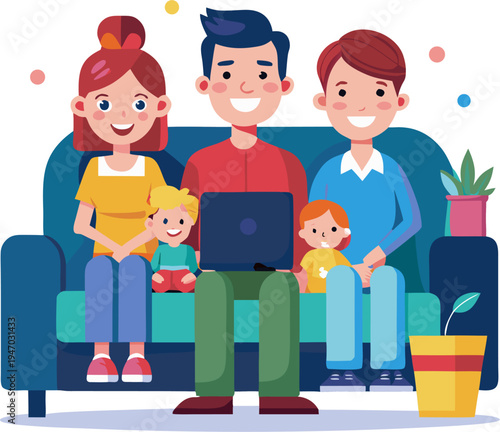 Family watching movie together on sofa at home, lifestyle flat vector illustration, white background