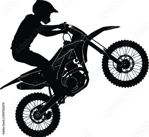 Motocross dirt bike rider silhouette, dynamic stunt jump, off‑road motorcycle vector illustration, helmet gear, adventurous extreme sport design inspiration for action content