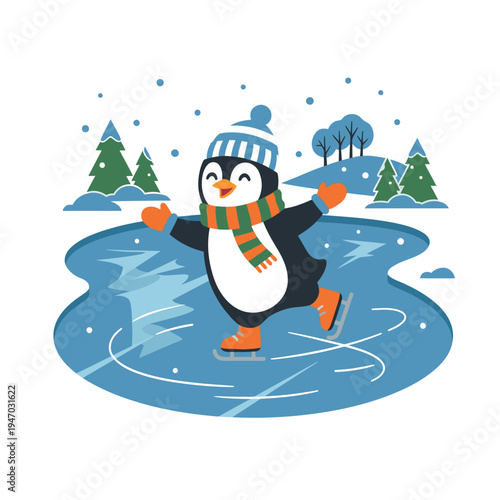 A cartoon penguin ice skates on frozen pond.