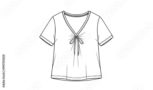 Women T Shirt with Drawstring Front Detail Line Art Illustration for Fashion Design, Apparel Mockup, Clothing Branding, Casual Wear, and Textile Presentation