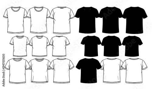 T Shirt Template Collection with Multiple Front and Back Views in Outline and Solid Styles for Apparel Design, Fashion Mockups, Clothing Branding, and Printing Use