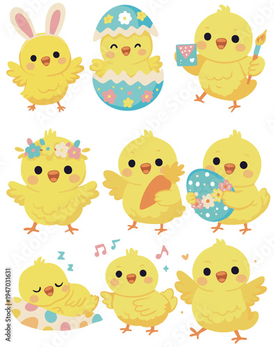 Set of cute yellow Easter chicks